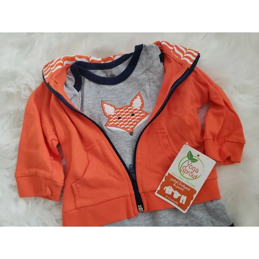 NEW‎ Yoga Sprout 3 Piece Bodysuit Hoodie Pants Set Orange Fox 9-12 Month Baby